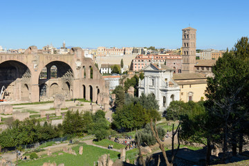 View of the Roman Forum and the city of Rome from Palatine Hill. The forum with its adjoining buildings is located in the center of ancient Rome. Temples, arches, basilicas and other buildings. 