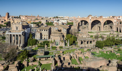 Obraz premium View of the Roman Forum and the city of Rome from Palatine Hill. The forum with its adjoining buildings is located in the center of ancient Rome. Temples, arches, basilicas and other buildings. 