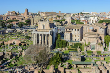 View of the Roman Forum and the city of Rome from Palatine Hill. The forum with its adjoining...