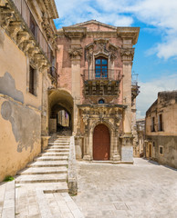 The baroque facade of the Palazzo della Cancelleria in Ragusa Ibla. Sicily, southern Italy.