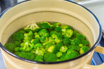 Broccoli Being Boiled in Steel Pot for Wedding Meal