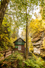 Hut in  Hrensko national Park, situated in Bohemian Switzerland, Czech Republic 