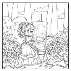 Beautiful princess with a palette, brush and easel draws in the park outlined picture for coloring book on white background