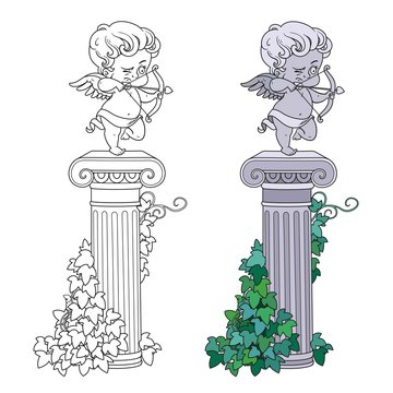 Statue of Cupid archer standing on a column entwined with ivy color and outlined for coloring