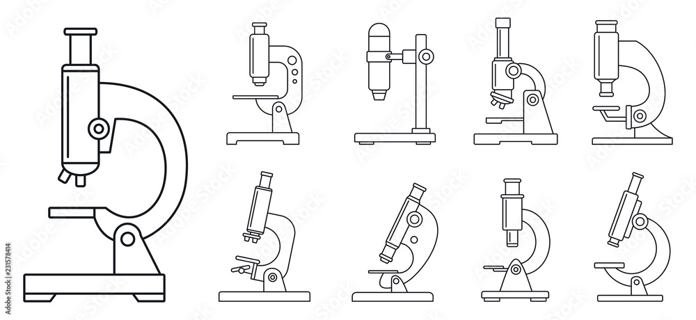Poster biology microscope icon set. outline set of biology microscope vector icons for web design isolated 