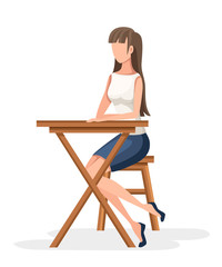 Women sit on wooden chair. No face character design. Girl sit with crossed legs in formal wear, wooden desk. Flat vector illustration isolated on white background