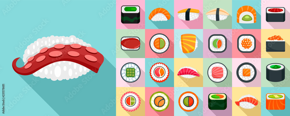 Poster sushi roll icon set. flat set of sushi roll vector icons for web design