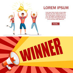 Sport team in red shirts winners. 1st place and golden cup. Cartoon character design. Flat vector illustration on white background. Speaker and winner text. Web site page concept design or banner