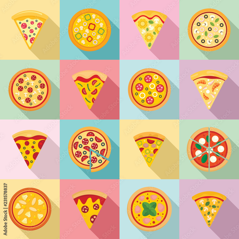 Aufkleber pizza icon set. flat set of pizza vector icons for web design
