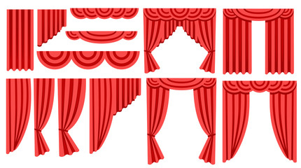 Collection of luxury red silk curtains and draperies. Interior decoration design. Flat icon. Vector illustration isolated on white background - obrazy, fototapety, plakaty