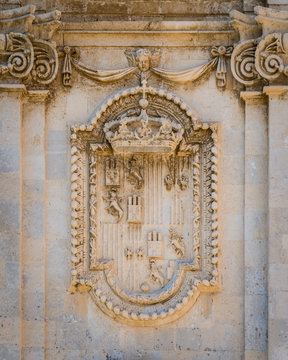 Detail from the facade of the Church of Santa Lucia alla Badia in Siracusa old town (Ortigia). Sicily, southern Italy.
