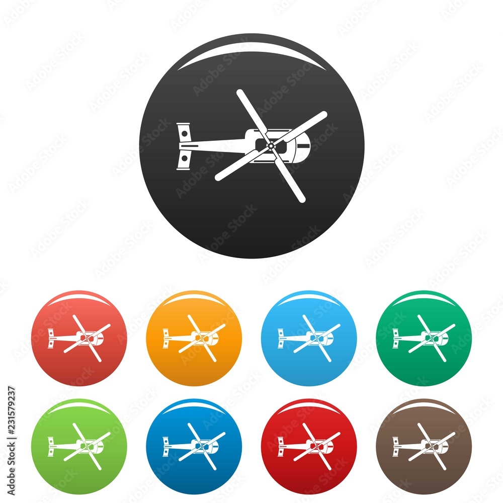 Poster top view helicopter icons set 9 color vector isolated on white for any design