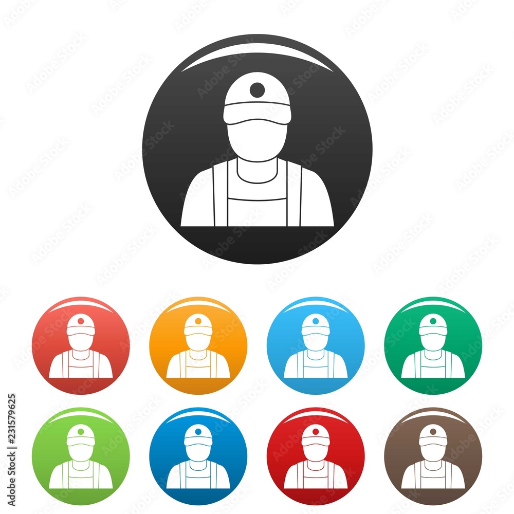 Poster petrol station man icons set 9 color vector isolated on white for any design
