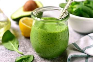Homemade green avocado spinach sauce.