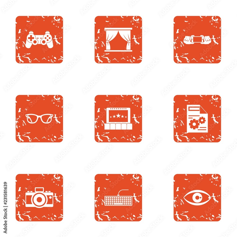 Poster lense icons set. grunge set of 9 lense vector icons for web isolated on white background