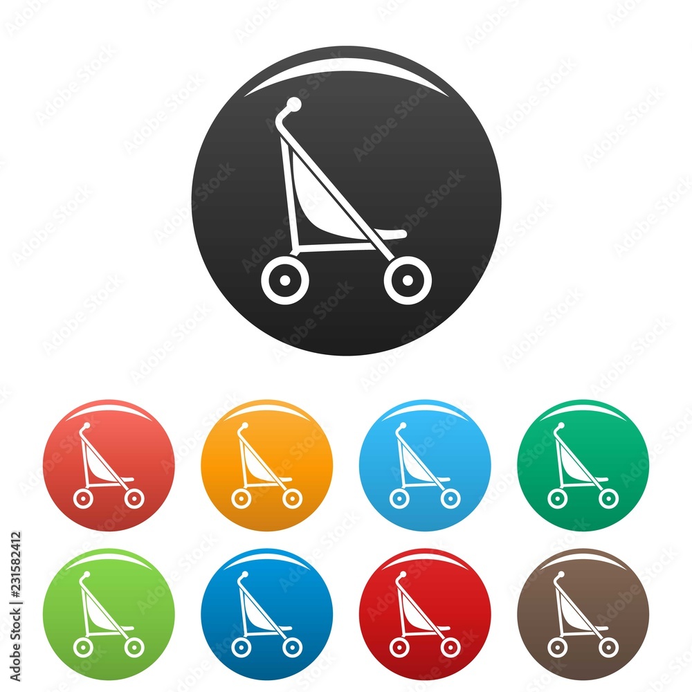 Poster little pram icons set 9 color vector isolated on white for any design