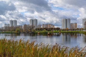 Fototapeta premium Moscow, Butovo district, new building, view from the window into the territory near the house, new houses, building.
