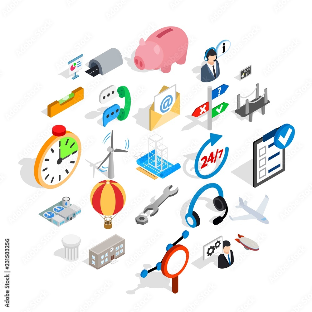 Poster elaboration icons set. isometric set of 25 elaboration vector icons for web isolated on white backgr