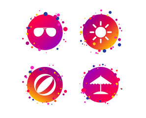 Beach holidays icons. Ball, umbrella and sunglasses signs. Summer sun symbol. Gradient circle buttons with icons. Random dots design. Beach sunglasses vector