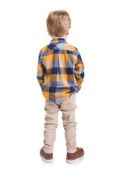 Rear view of little boy with hands in his pockets, isolated on white background