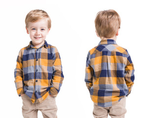 Little boy in shirt on a white background, front and back