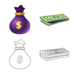 Vector illustration of bank and money symbol. Set of bank and bill stock vector illustration.