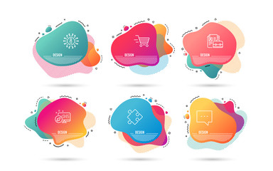 Dynamic liquid shapes. Set of Delivery shopping, Strategy and Vacancy icons. Blog sign. Online buying, Puzzle, Hiring job. Chat message.  Gradient banners. Fluid abstract shapes. Vector