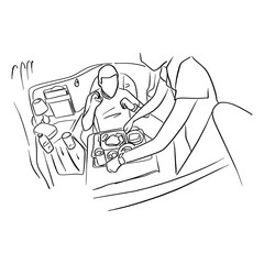 man eating food in business class travel vector illustration sketch doodle hand drawn with black lines isolated on white background