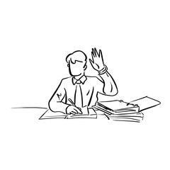 Fototapeta na wymiar Businessman raising his hand up on working desk vector illustration sketch doodle hand drawn with black lines isolated on white background. Business concept.