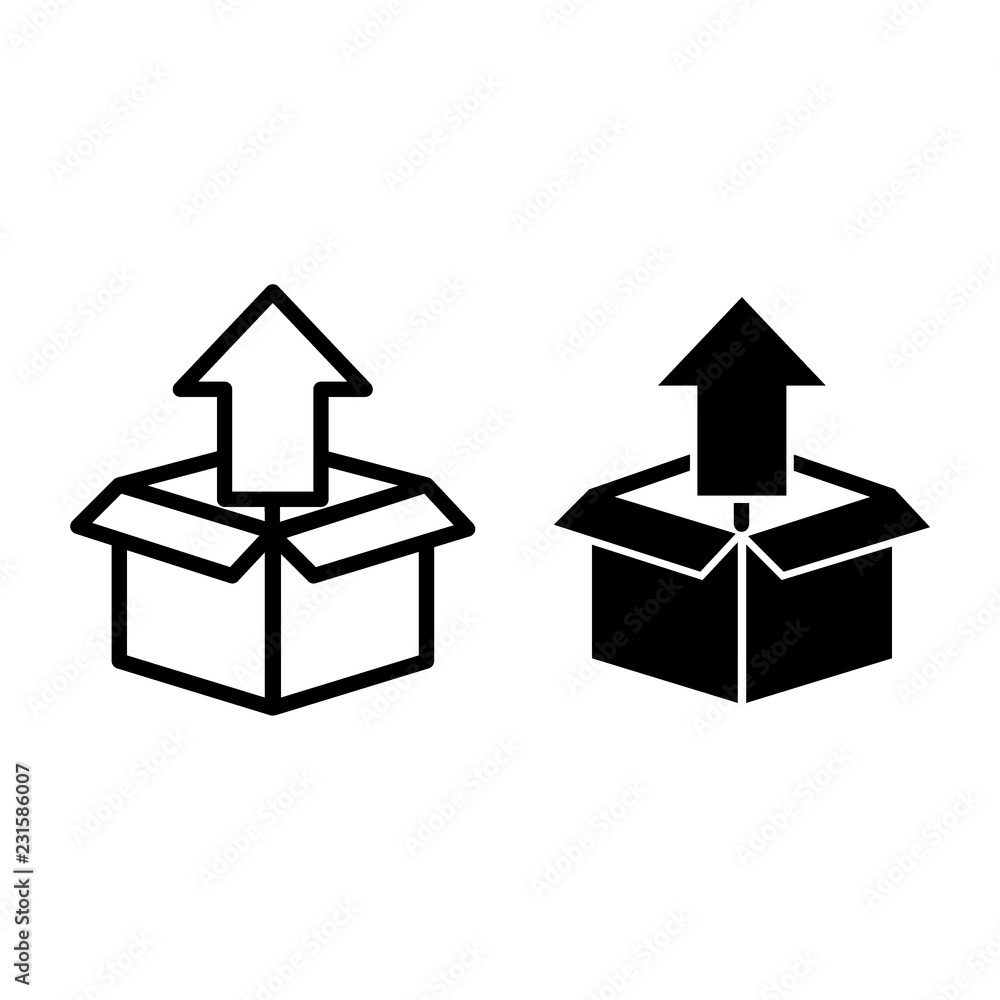 Poster unpacking line and glyph icon. box with up arrow vector illustration isolated on white. unboxing out