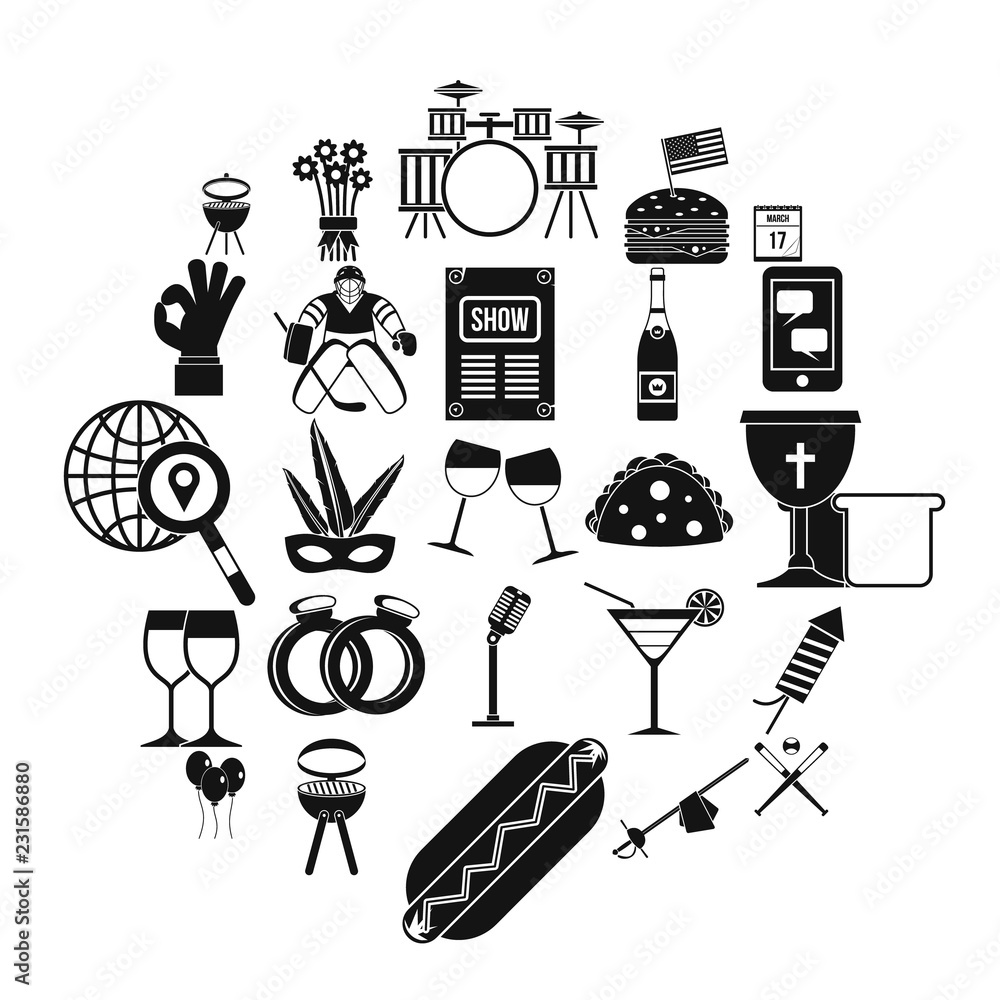 Poster happening icons set. simple set of 25 happening vector icons for web isolated on white background