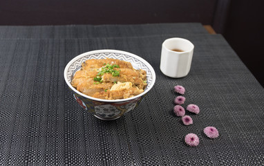 Close up view of plate with japanese food inside. Japan traditional food on wooden table. Selective focus