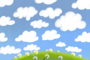 Fototapeta na wymiar Spring or summer landscape background with clouds, flowers, and green meadow. cartoon