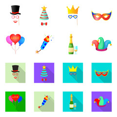 Vector illustration of party and birthday icon. Collection of party and celebration vector icon for stock.