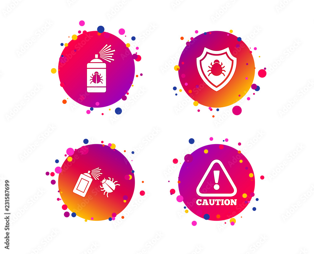 Aufkleber bug disinfection icons. caution attention and shield symbols. insect fumigation spray sign. gradient