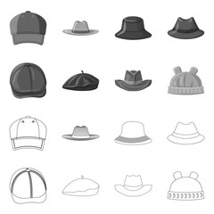 Vector illustration of headgear and cap sign. Collection of headgear and accessory stock symbol for web.