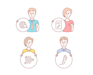 People hand drawn style. Set of Internet search, Target and Edit document icons. Signature sign. Web finder, Targeting, Page with pencil. Written pen. Character hold target button. People vector