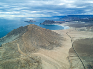 An aerial view of Pan de Azucar National Park, Atacama Desert, at the coast area an amazing...