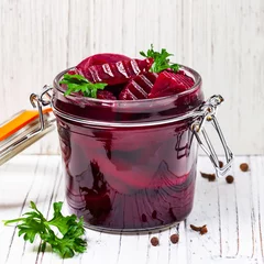 Foto op Canvas Pickled Marinated Beets in the Jar. Selective focus. © Ali Safarov