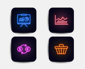 Neon set of Trade infochart, Currency exchange and Presentation icons. Shop cart sign. Business analysis, Banking finance infochart, Board with charts. Web buying. Neon icons. Vector