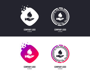 Logotype concept. Water drop and hand sign. Save water symbol. Logo design. Colorful buttons with icons. Water drop logo vector