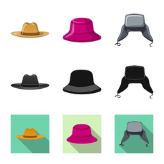 Vector illustration of headgear and cap logo. Collection of headgear and accessory vector icon for stock.