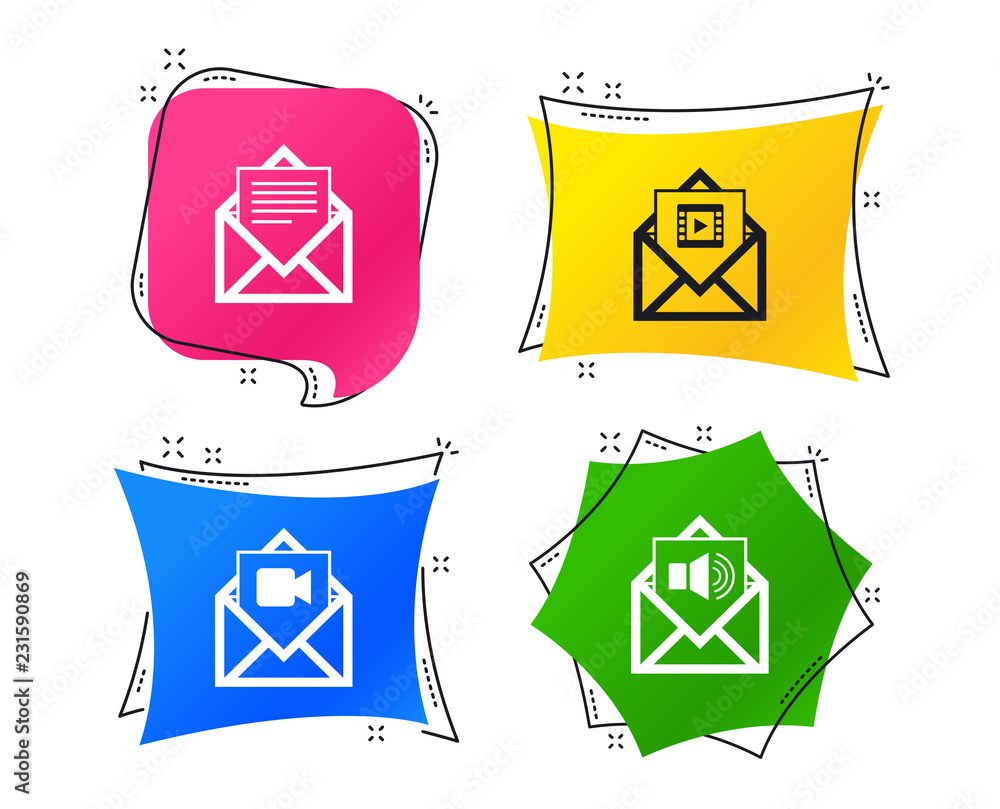 Poster mail envelope icons. message document symbols. video and audio voice message signs. geometric colorf
