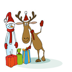 Cheerful deer and snowman on a white background with gifts! Christmas and New year background.Cartoon cute deer. Vector illustration of funny happy animal.