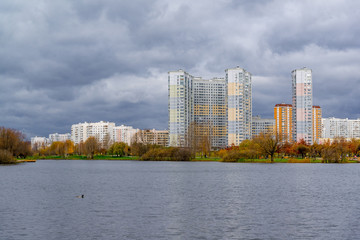 Obraz premium Moscow, Butovo district, new building, view from the window into the territory near the house, new houses, building.