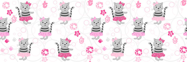 Vector seamless pattern with cartoon cats and a cat inscription. Vector illustration with cartoon cats. Print for wallpaper and textiles. Cute print.