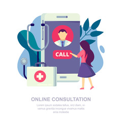 Online medical consultation, mobile app concept. Patient calls a doctor. Vector flat illustration
