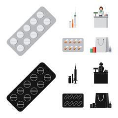 Vector illustration of pharmacy and hospital icon. Set of pharmacy and business vector icon for stock.