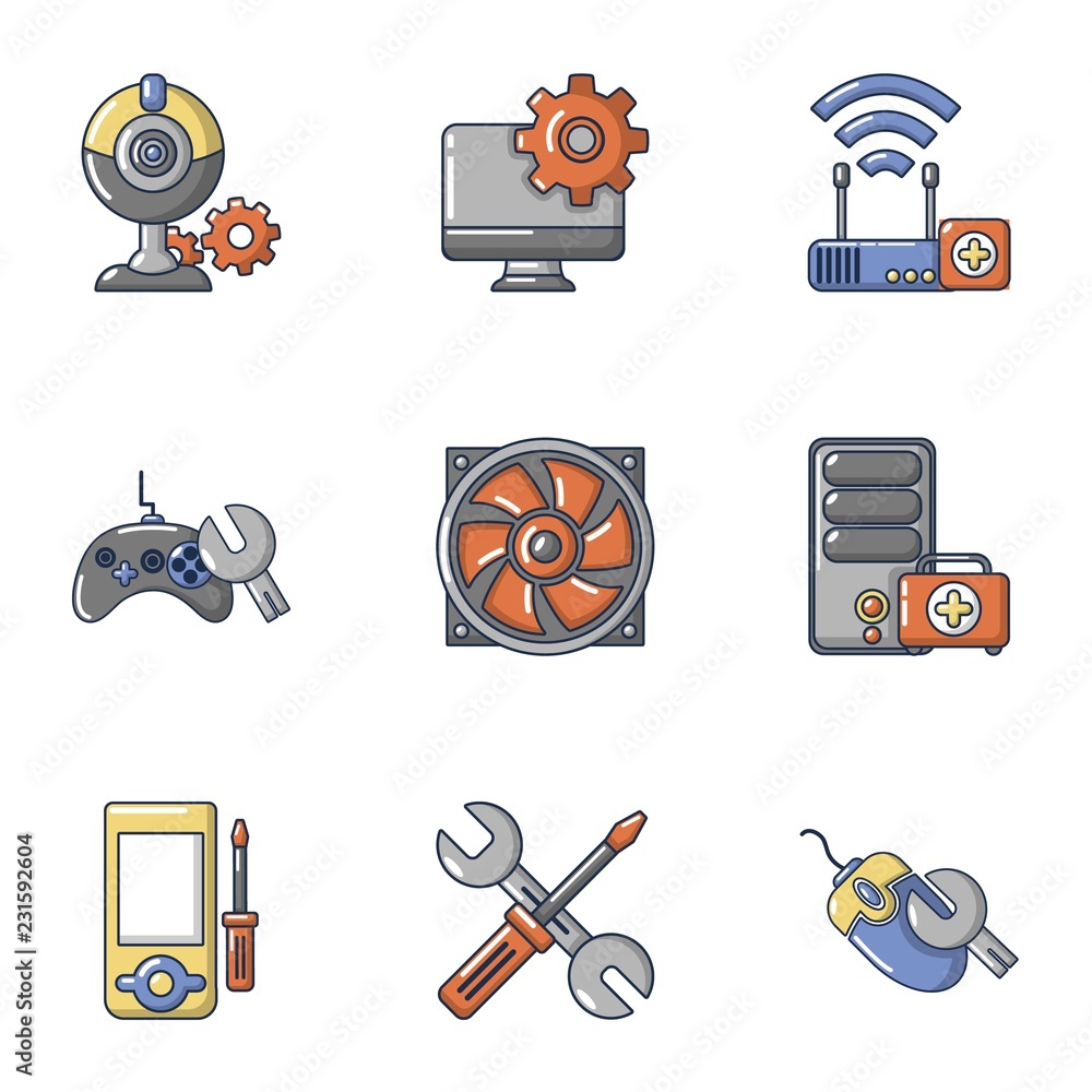 Poster pc tech icons set. cartoon set of 9 pc tech vector icons for web isolated on white background