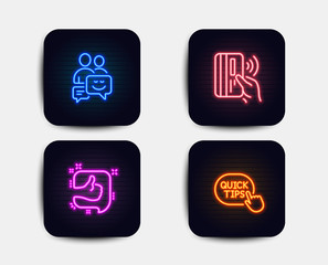 Neon set of Contactless payment, Like and Communication icons. Quick tips sign. Bank money, Thumb up, Business messages. Helpful tricks. Neon icons. Contactless payment vector